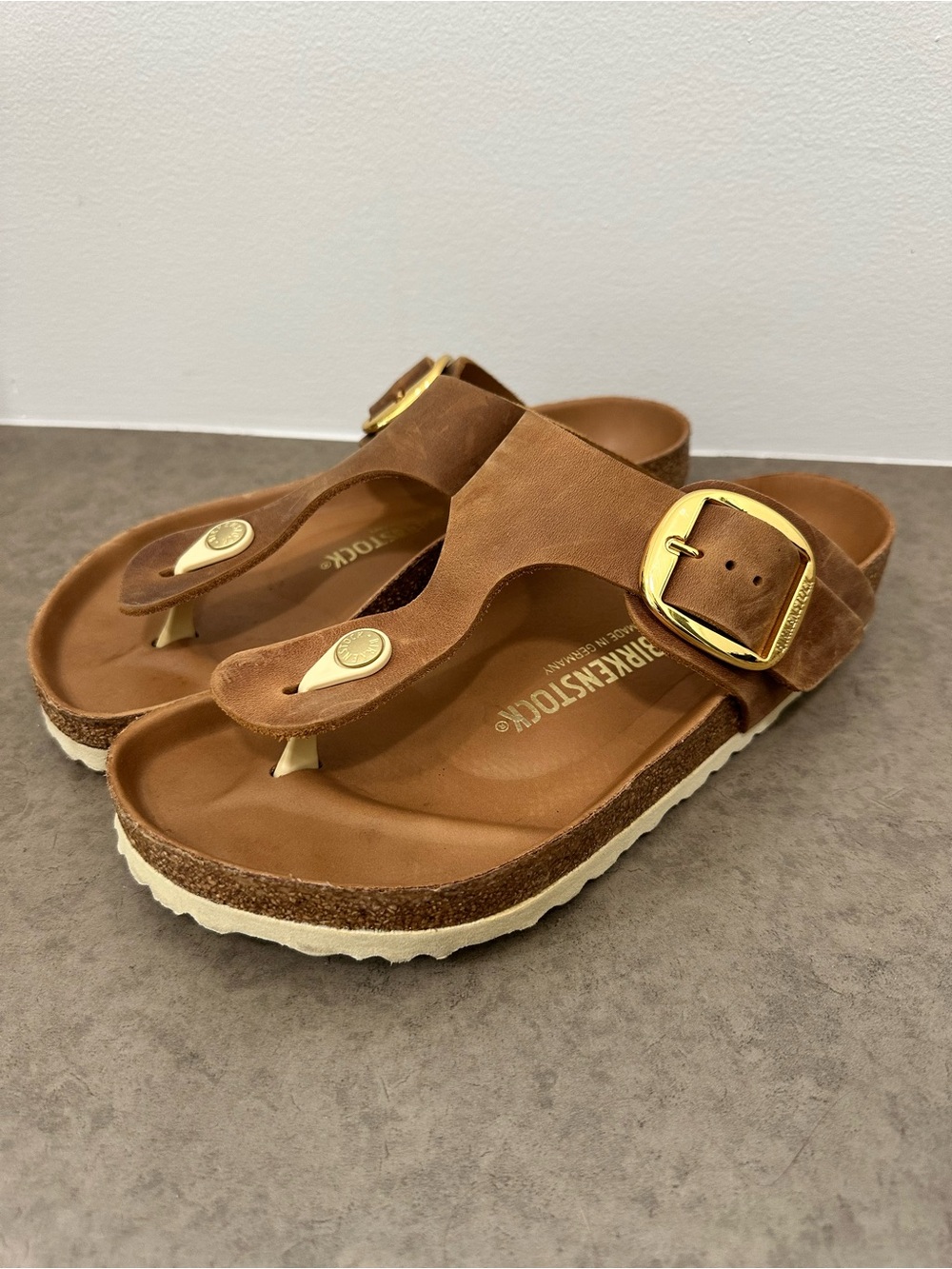 Birkenstock Gizeh Big Buckle Cognac Oiled Leather Thong Sandals Size 39